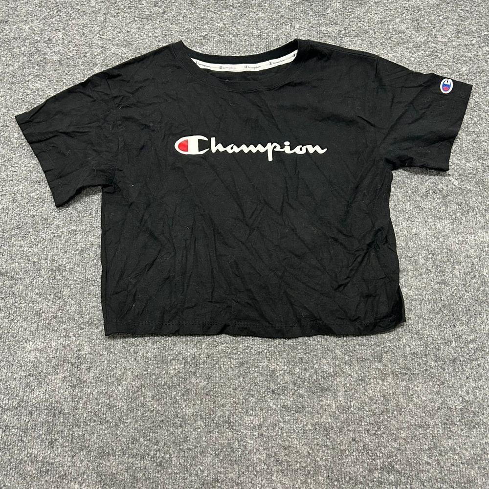 Champion Crop Top Womens Size S Black Script Logo Short Sleeve Athletic Tee